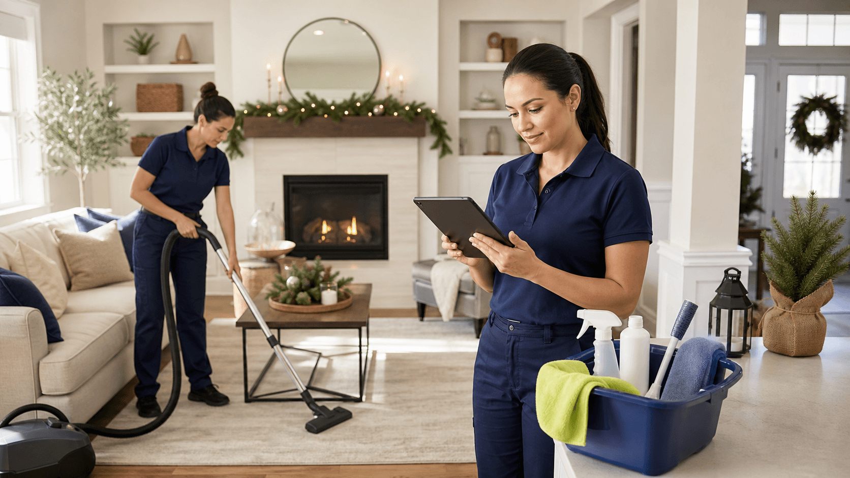 Cleaner in blue gloves uses a laptop beside spray bottles and festive holiday decorations.