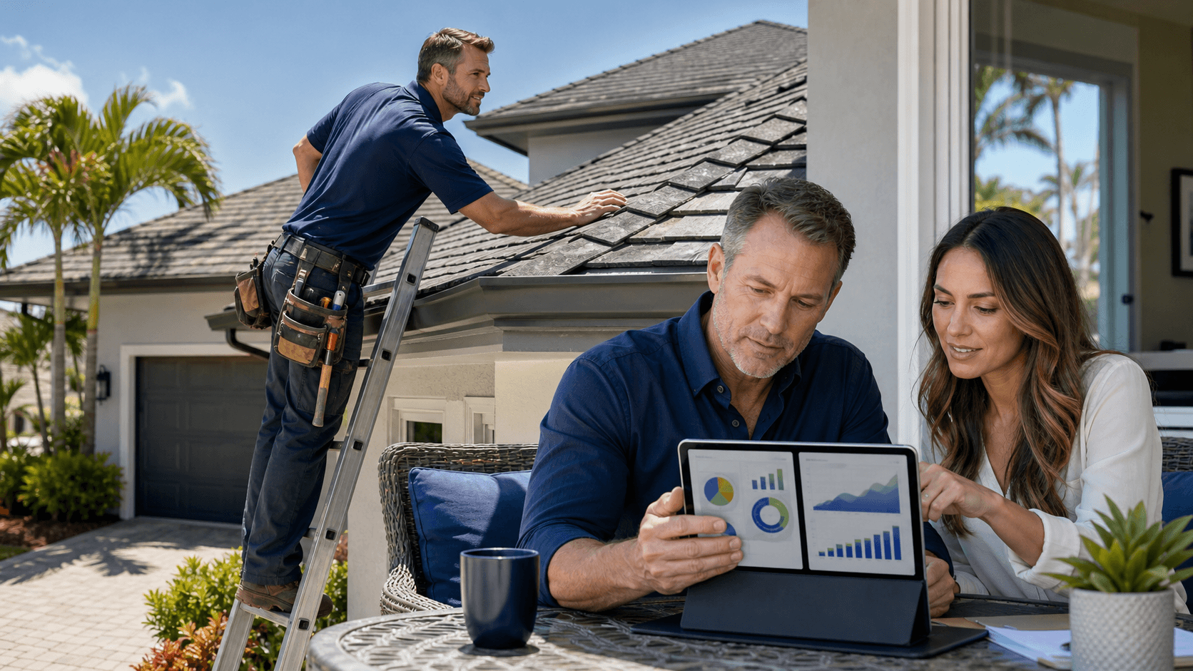 Split-screen graphic with blue Facebook icon, multicolor Google Ads logo, and Florida roof silhouette.