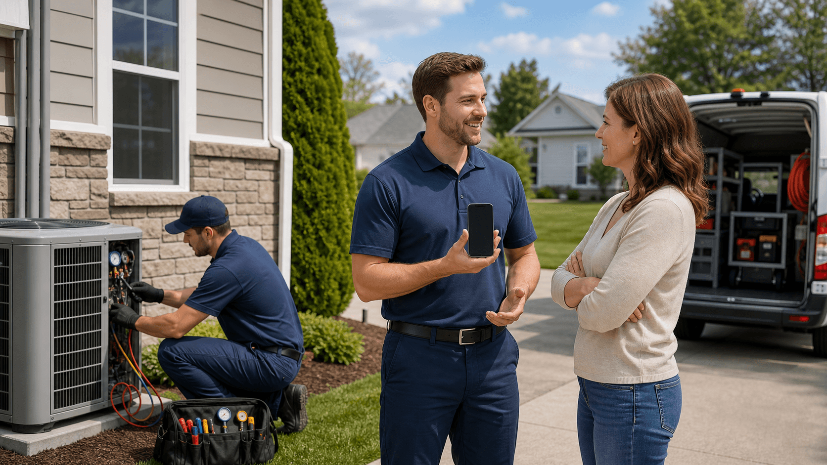 Split-screen graphic with blue Facebook icon, multicolor Google logo, and a home service worker holding tools.