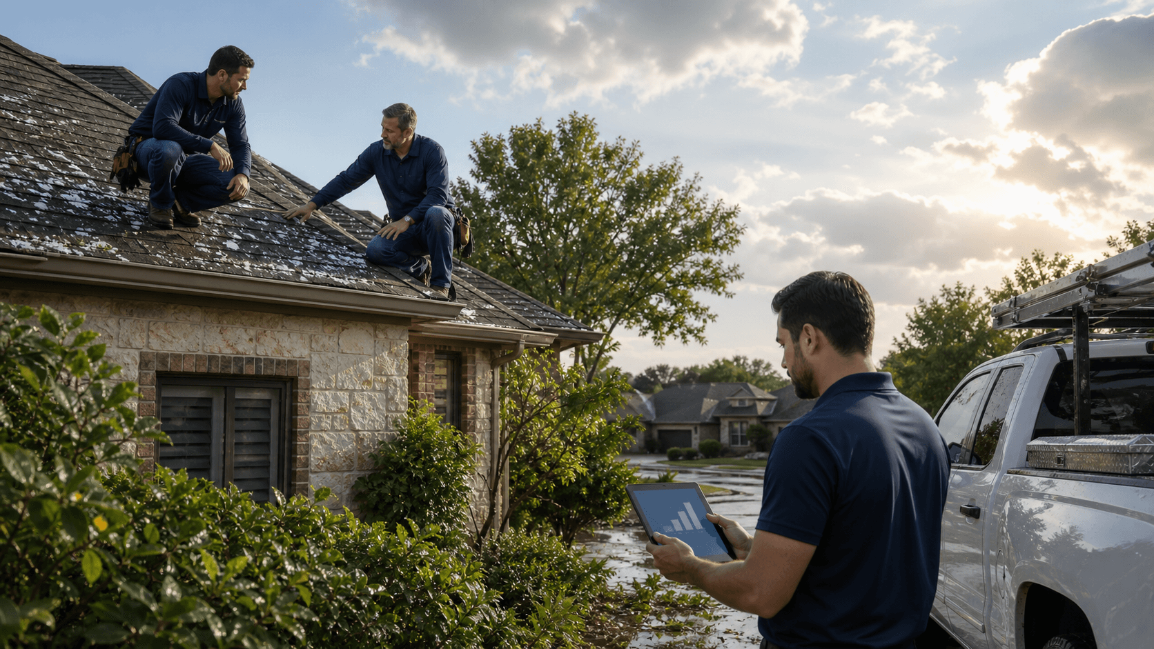 Roofer inspecting storm-damaged shingles beneath dark clouds, with a bright yellow ladder beside the house