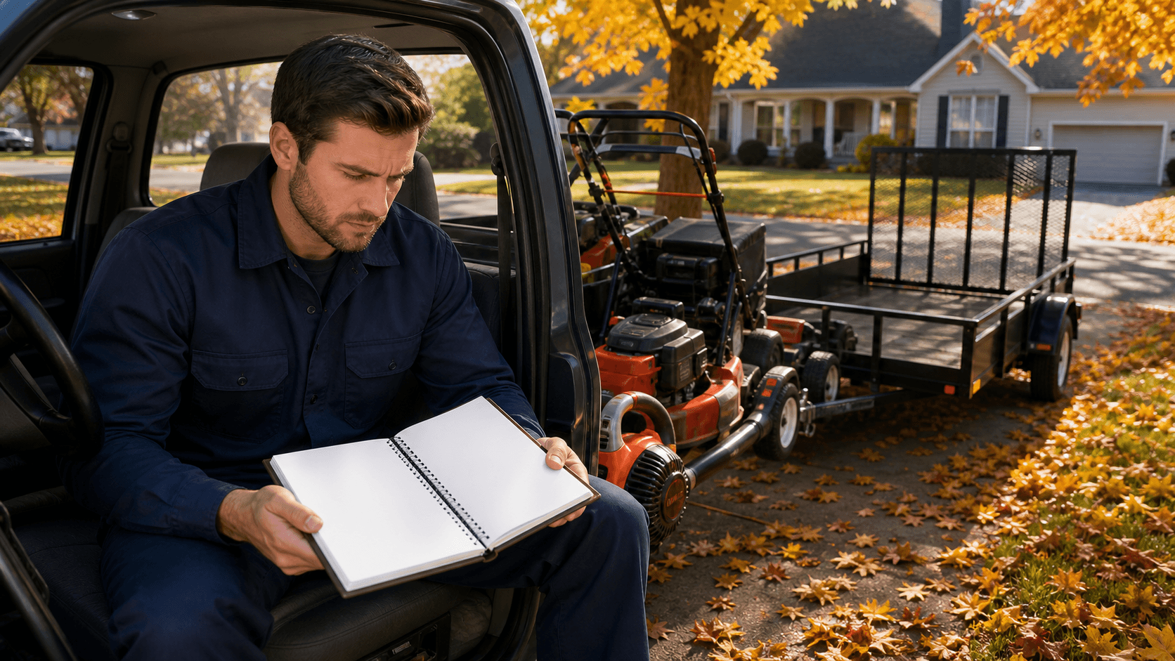 Landscape worker stands beside a leaf-strewn lawn, holding a rake under soft autumn sunlight.