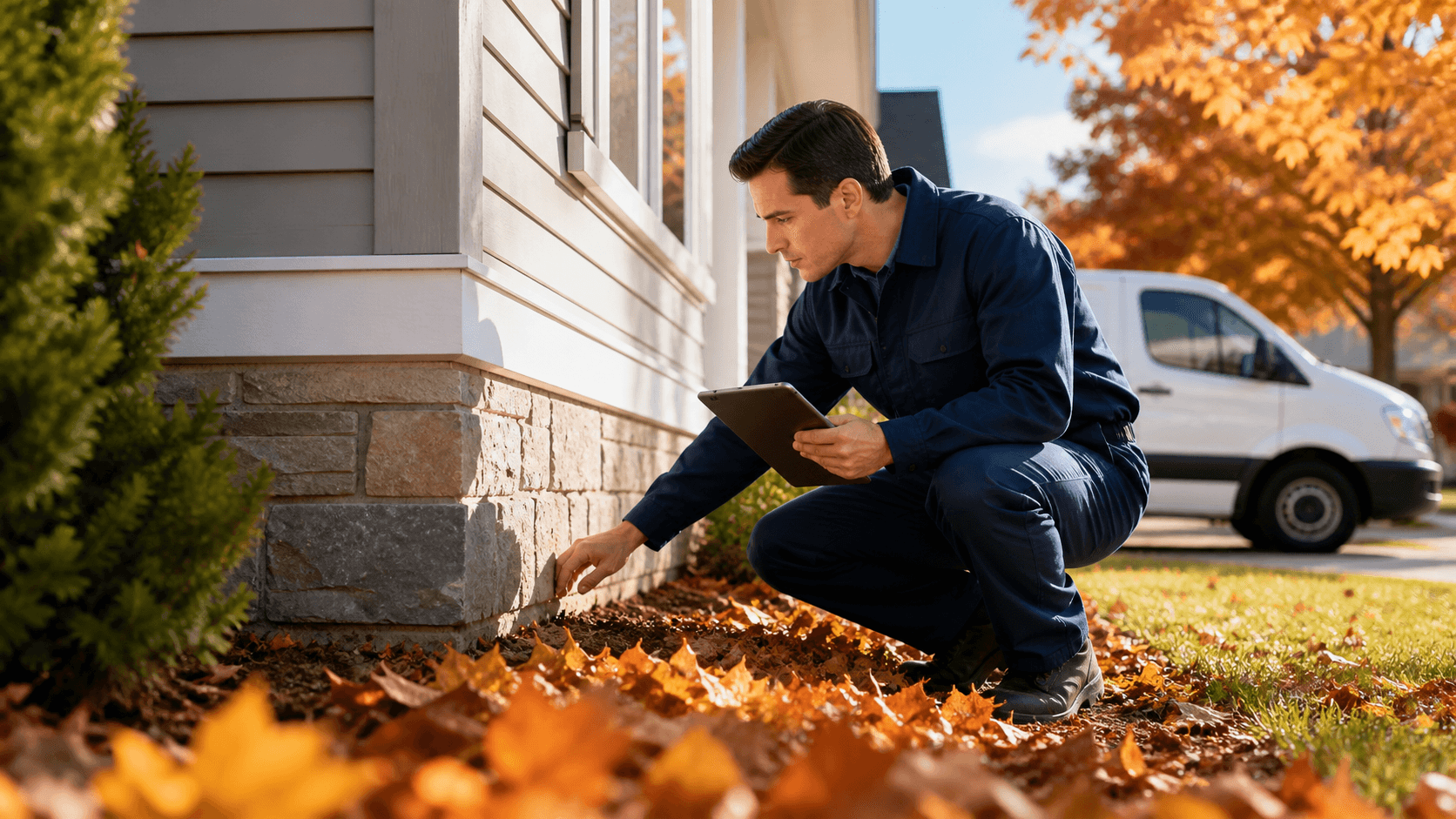 Laptop displaying marketing charts beside autumn leaves and pest control tools on a wooden desk.