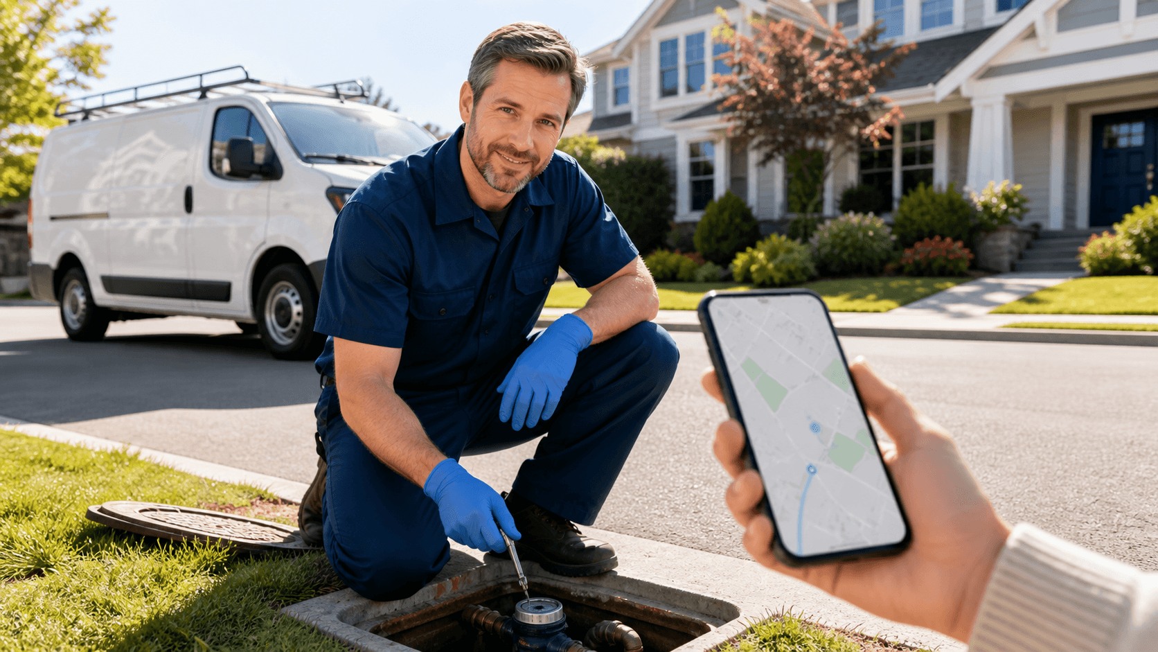 Plumber in blue uniform checks a smartphone map beside a toolbox, with glowing location pins in the background.