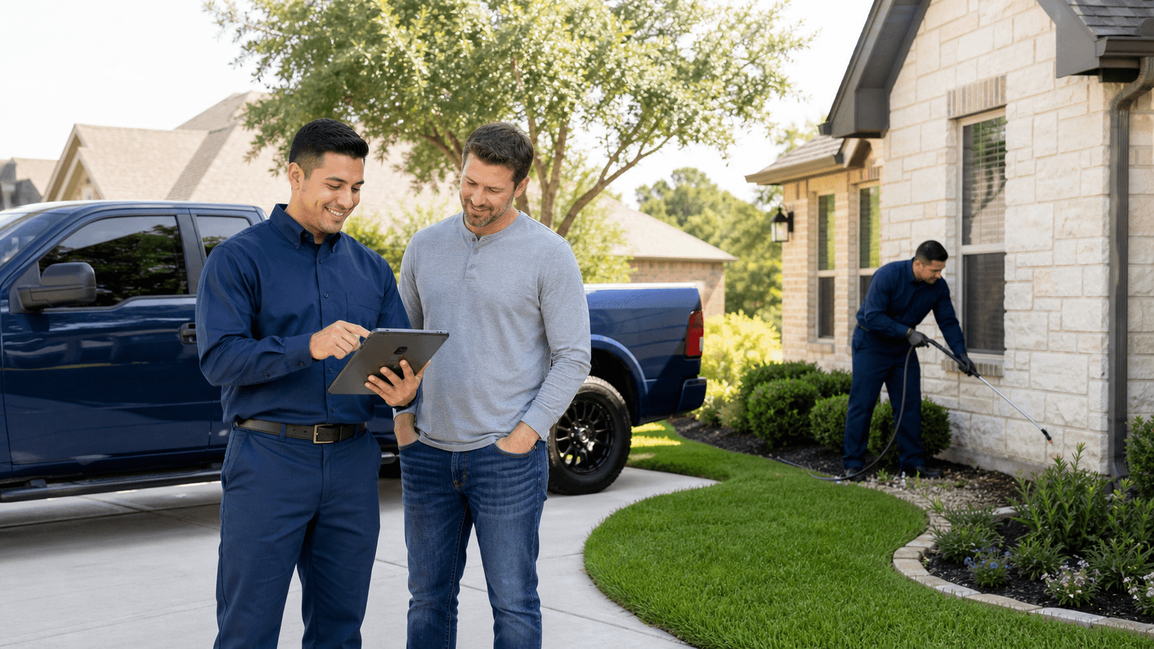 Pest control technician in blue uniform reviews a tablet beside a suburban home at golden hour.